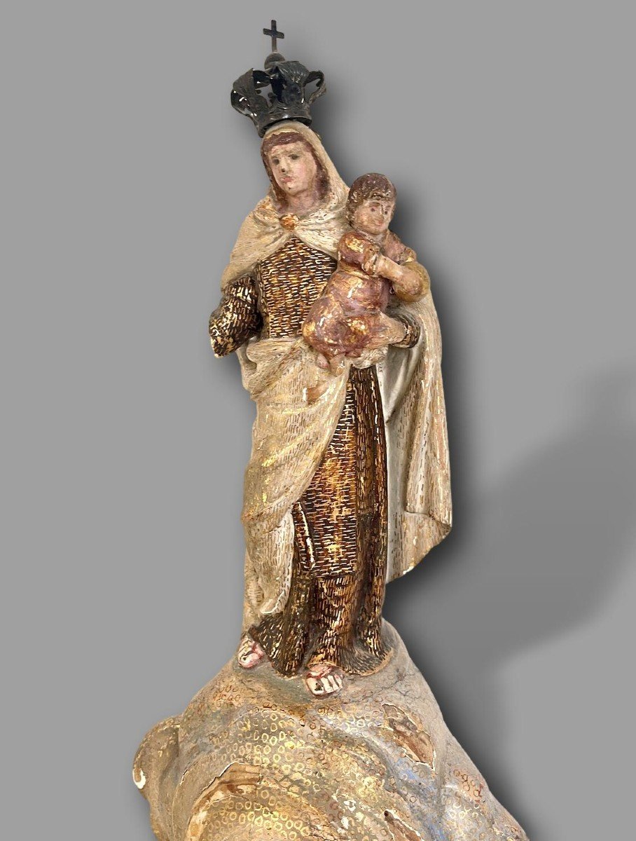 Statue Of The Virgin On The Clouds, Polychrome Carved Wood, Louis XIV Period-photo-1