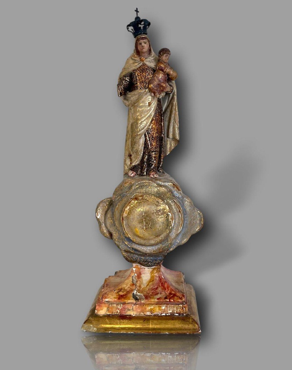 Statue Of The Virgin On The Clouds, Polychrome Carved Wood, Louis XIV Period-photo-6