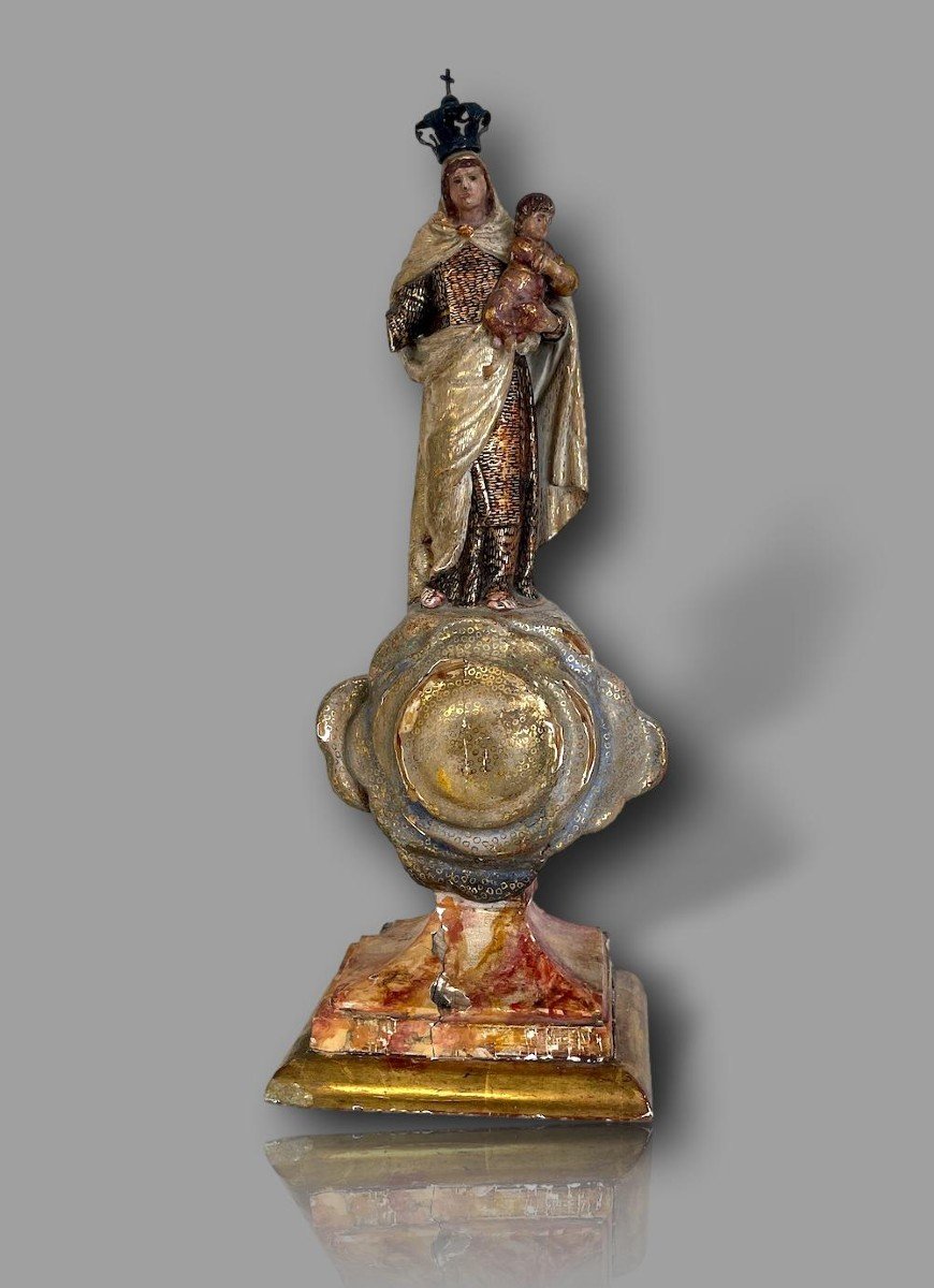 Statue Of The Virgin On The Clouds, Polychrome Carved Wood, Louis XIV Period