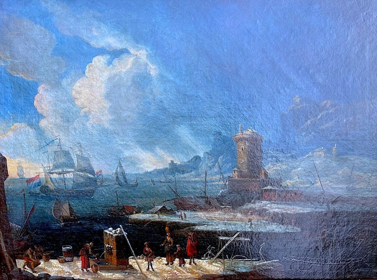 Lively Snowy Port, 17th Dutch School-photo-2