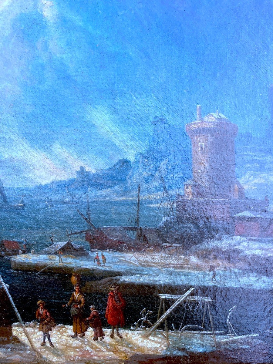 Lively Snowy Port, 17th Dutch School-photo-2