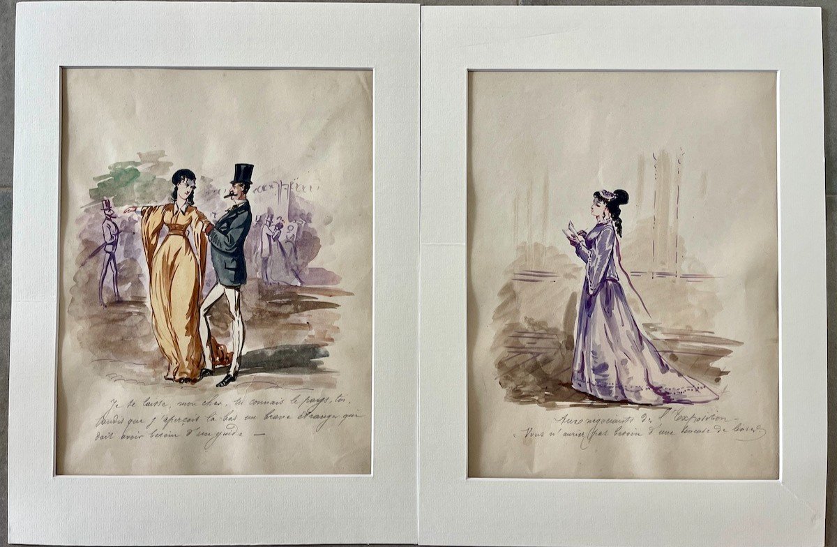 Paris 1867, Pairs Of Humorous Watercolors, Captioned