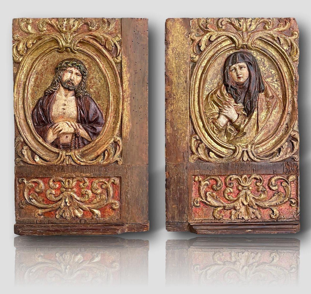 Ecce Homo Et Mater Dolorosa - Sculpted Bas-reliefs And Gold Background, 15th Century