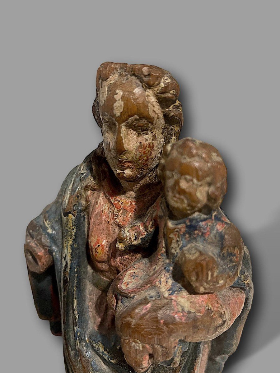 Statue Of The Virgin And Child In Carved And Polychromed Oak - 17th Century