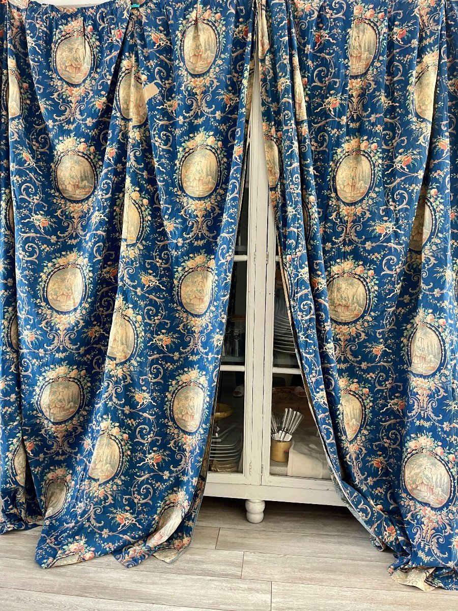 Pair Of St. Louis XVI Curtains - Late 19th Century - Pastoral Scenes In Medallions-photo-4