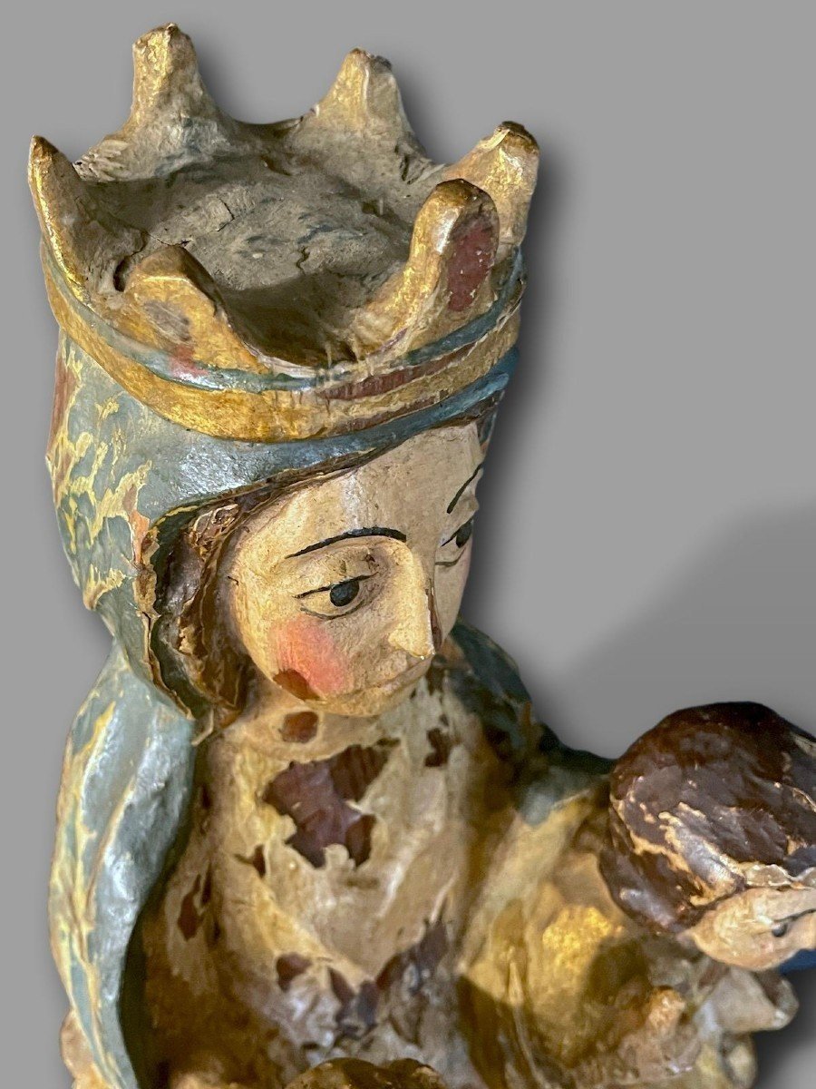 Polychrome Carved Wooden Statue – Virgin And Child Crowned In Majesty-photo-2