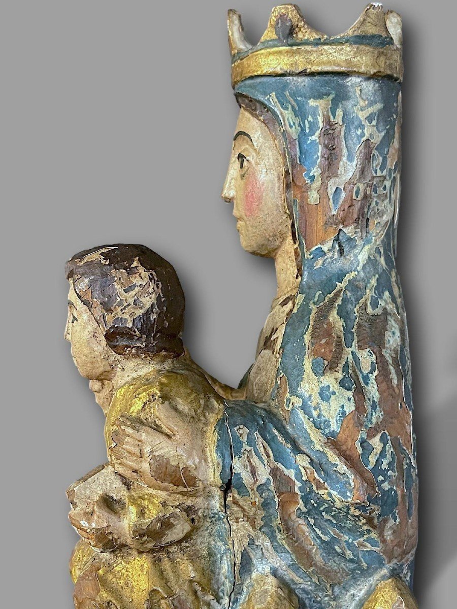 Polychrome Carved Wooden Statue – Virgin And Child Crowned In Majesty-photo-3