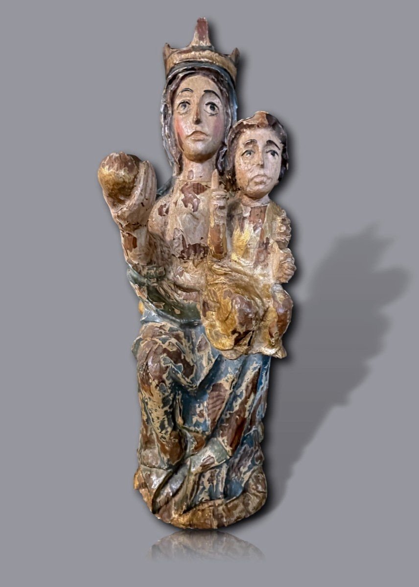 Polychrome Carved Wooden Statue – Virgin And Child Crowned In Majesty-photo-4