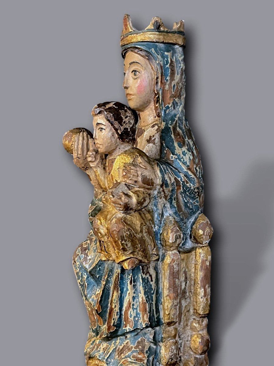 Polychrome Carved Wooden Statue – Virgin And Child Crowned In Majesty-photo-2