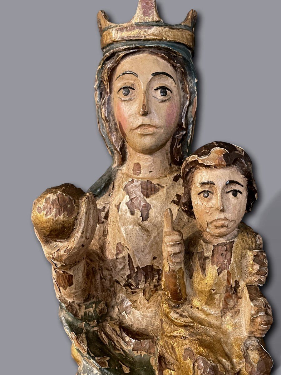 Polychrome Carved Wooden Statue – Virgin And Child Crowned In Majesty-photo-4