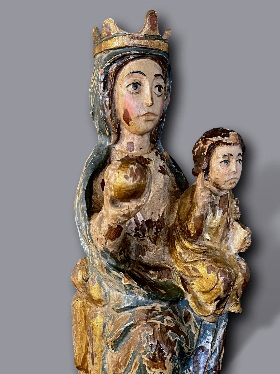 Polychrome Carved Wooden Statue – Virgin And Child Crowned In Majesty-photo-5