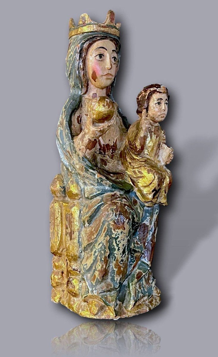 Polychrome Carved Wooden Statue – Virgin And Child Crowned In Majesty-photo-7