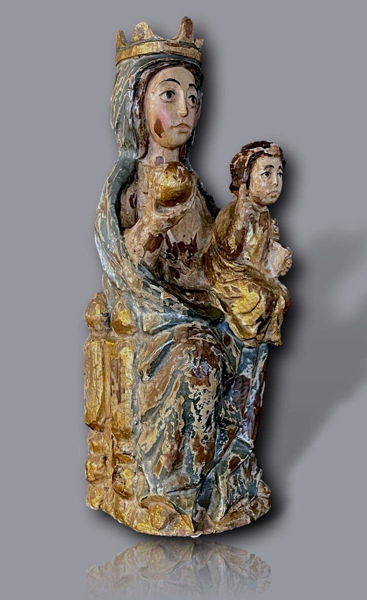 Polychrome Carved Wooden Statue – Virgin And Child Crowned In Majesty