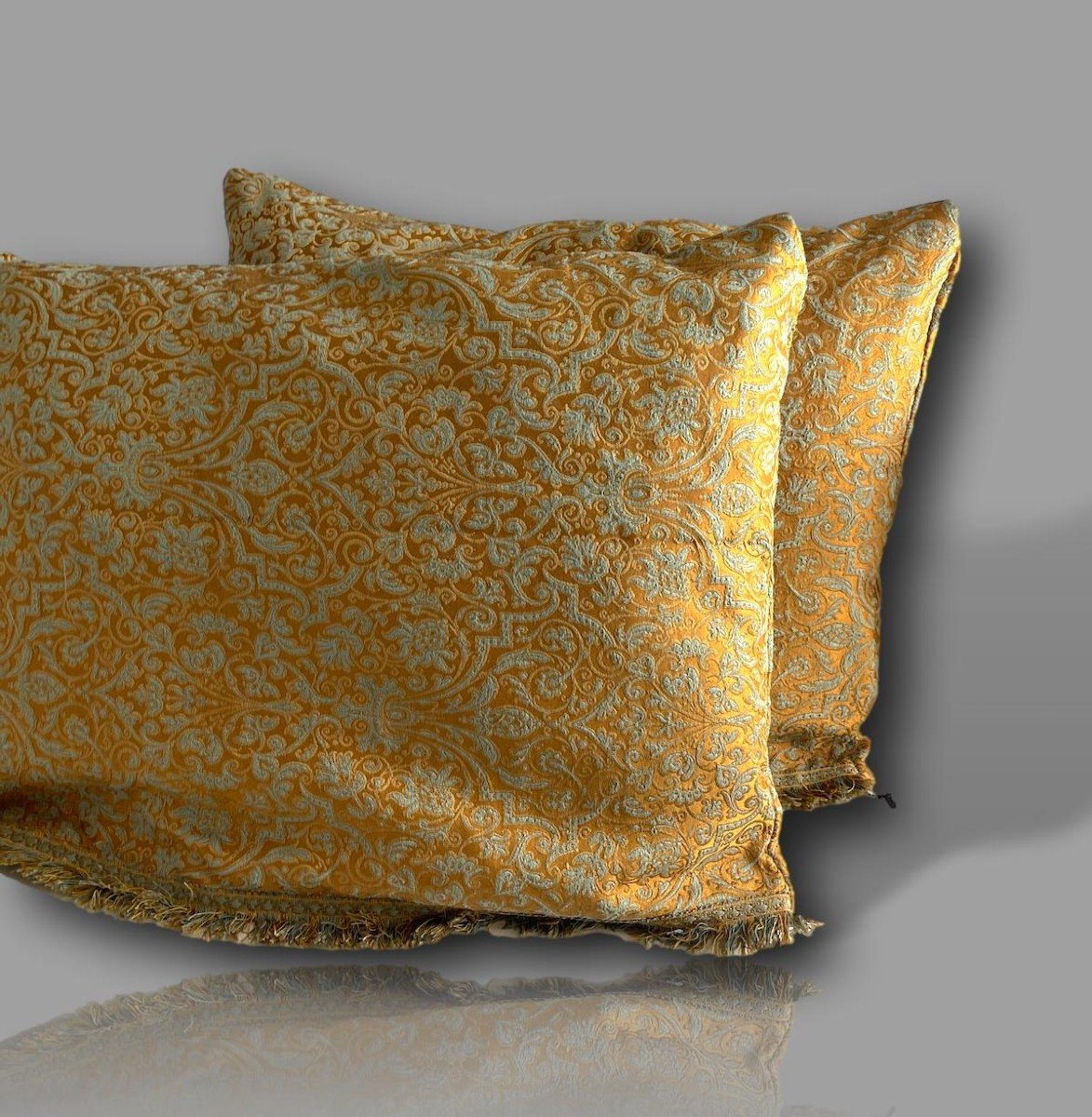 Pair Of Large Antique Italian Cushions In Gold And Blue Brocade - Refined Baroque Patterns