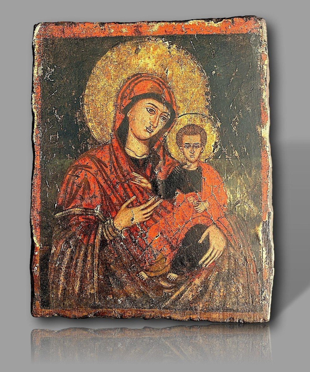 Vierge à L’enfant –  Exceptionnelle, Peinte En Tempera Sur Bois