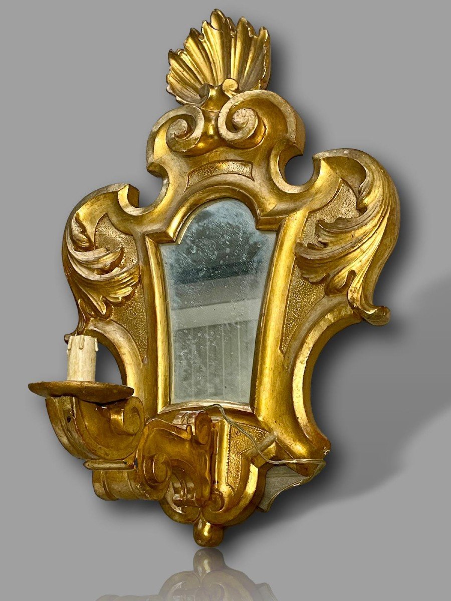 Pair Of Large Gilded Wood Wall Lights With Mirror Base – Louis XV Rocaille – 19th Century-photo-3