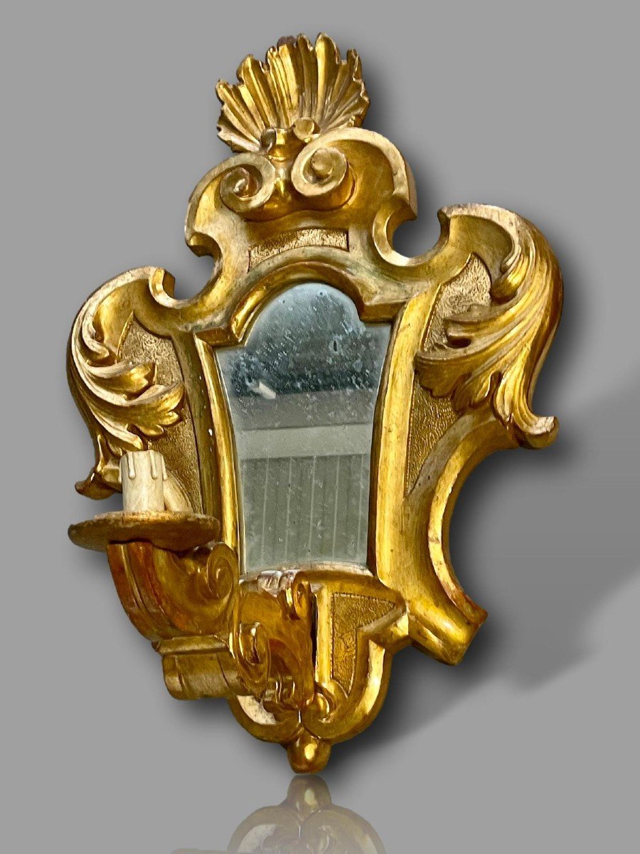 Paire d'Importantes Appliques En Bois Doré à Fond De Glace – Louis XV Rocaille -  XIXe Siècle-photo-4