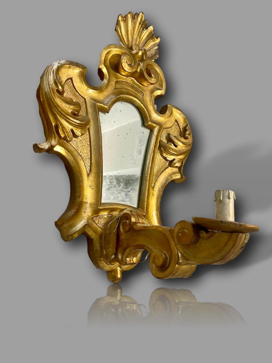 Pair Of Large Gilded Wood Wall Lights With Mirror Base – Louis XV Rocaille – 19th Century-photo-1