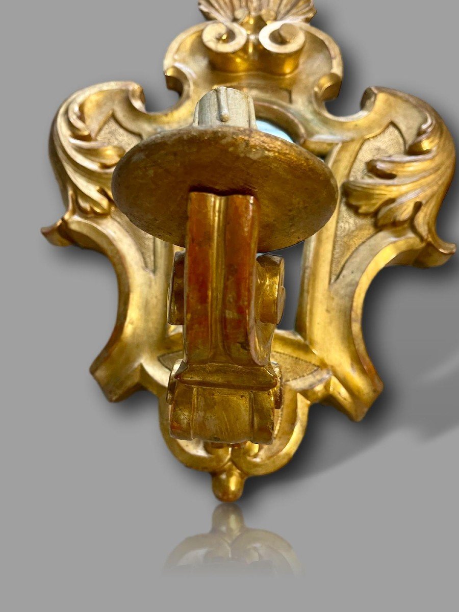 Pair Of Large Gilded Wood Wall Lights With Mirror Base – Louis XV Rocaille – 19th Century-photo-2