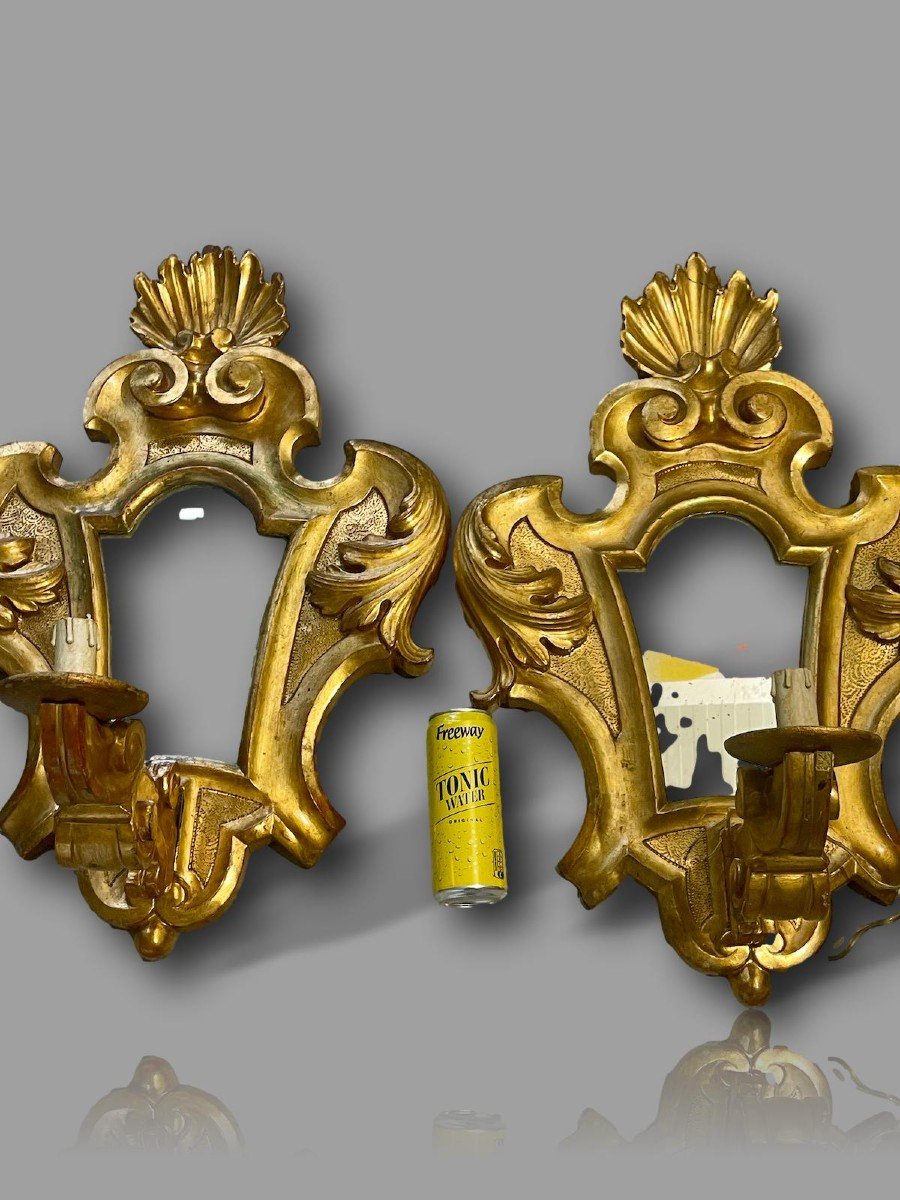 Pair Of Large Gilded Wood Wall Lights With Mirror Base – Louis XV Rocaille – 19th Century-photo-3