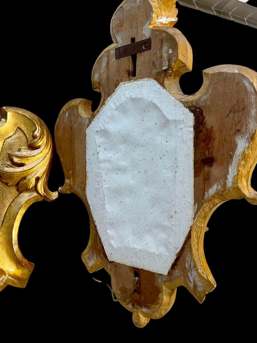 Paire d'Importantes Appliques En Bois Doré à Fond De Glace – Louis XV Rocaille -  XIXe Siècle-photo-4