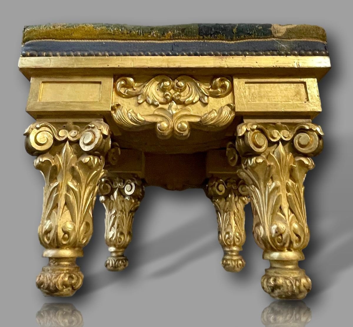 Important Louis XIII Bench – Solid Gilded Wood, 17th Century Aubusson Tapestry-photo-2