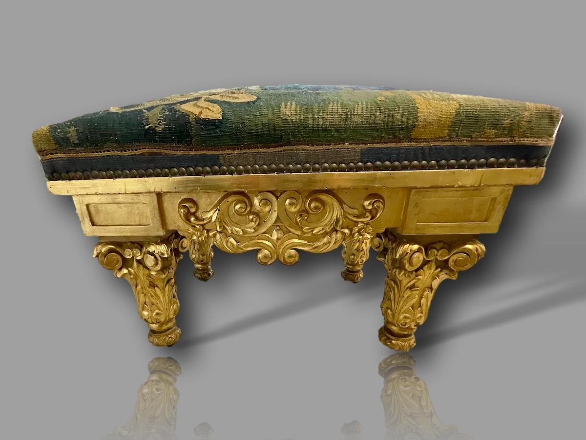 Important Louis XIII Bench – Solid Gilded Wood, 17th Century Aubusson Tapestry-photo-4