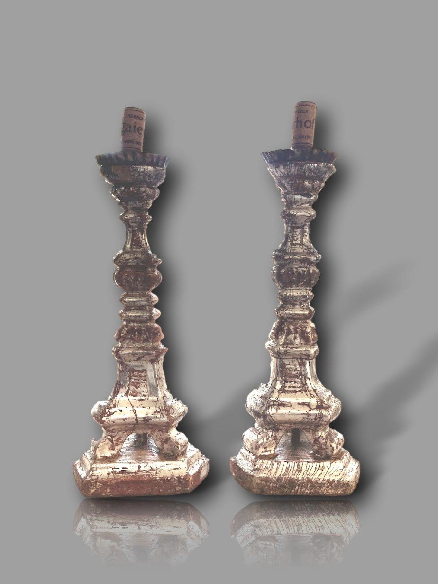 Pair Of Italian Louis XVI Silver Leaf Candlestick Holders-photo-2