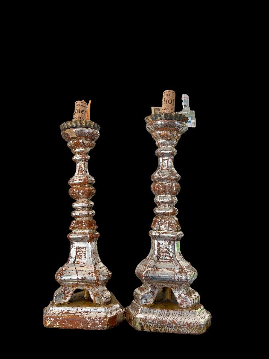 Pair Of Italian Louis XVI Silver Leaf Candlestick Holders-photo-3