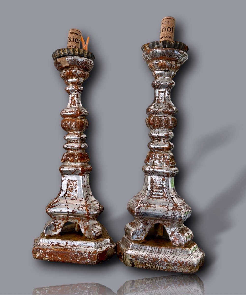 Pair Of Italian Louis XVI Silver Leaf Candlestick Holders