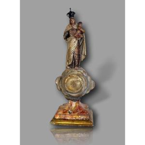 Statue Of The Virgin On The Clouds, Polychrome Carved Wood, Louis XIV Period