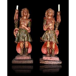 Very Rare Pair Of Wooden Cérofaire Angels, Siena 16th