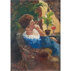 Piet Van Den Bergh - "Madame dans son boudoir, à l'Apéritif" - Huile sur toile, circa 1890