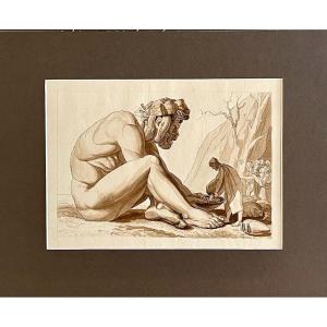 Ulysses Offering Wine To Polyphemus - Pen And Wash - Follower Of John Flaxman