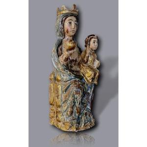 Polychrome Carved Wooden Statue – Virgin And Child Crowned In Majesty