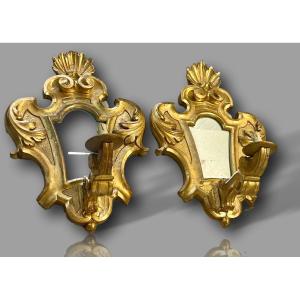 Pair Of Large Gilded Wood Wall Lights With Mirror Base – Louis XV Rocaille – 19th Century