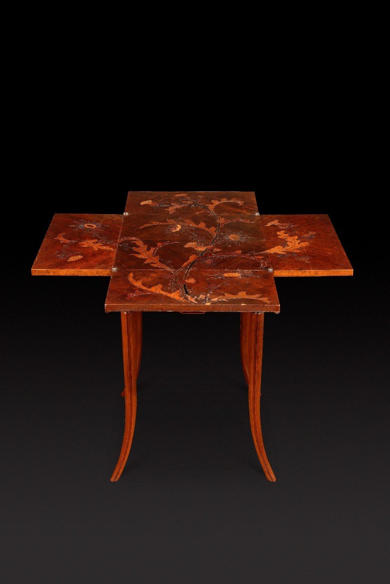 Game Table In Walnut And Veneer Marquetry With Floral Decor Of Thistles Emile Galle-photo-2