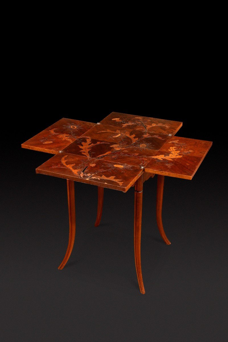 Game Table In Walnut And Veneer Marquetry With Floral Decor Of Thistles Emile Galle-photo-3