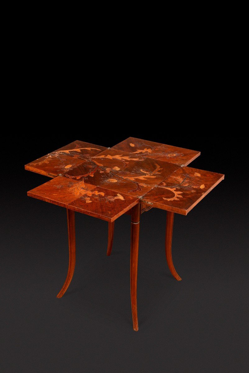 Game Table In Walnut And Veneer Marquetry With Floral Decor Of Thistles Emile Galle-photo-2