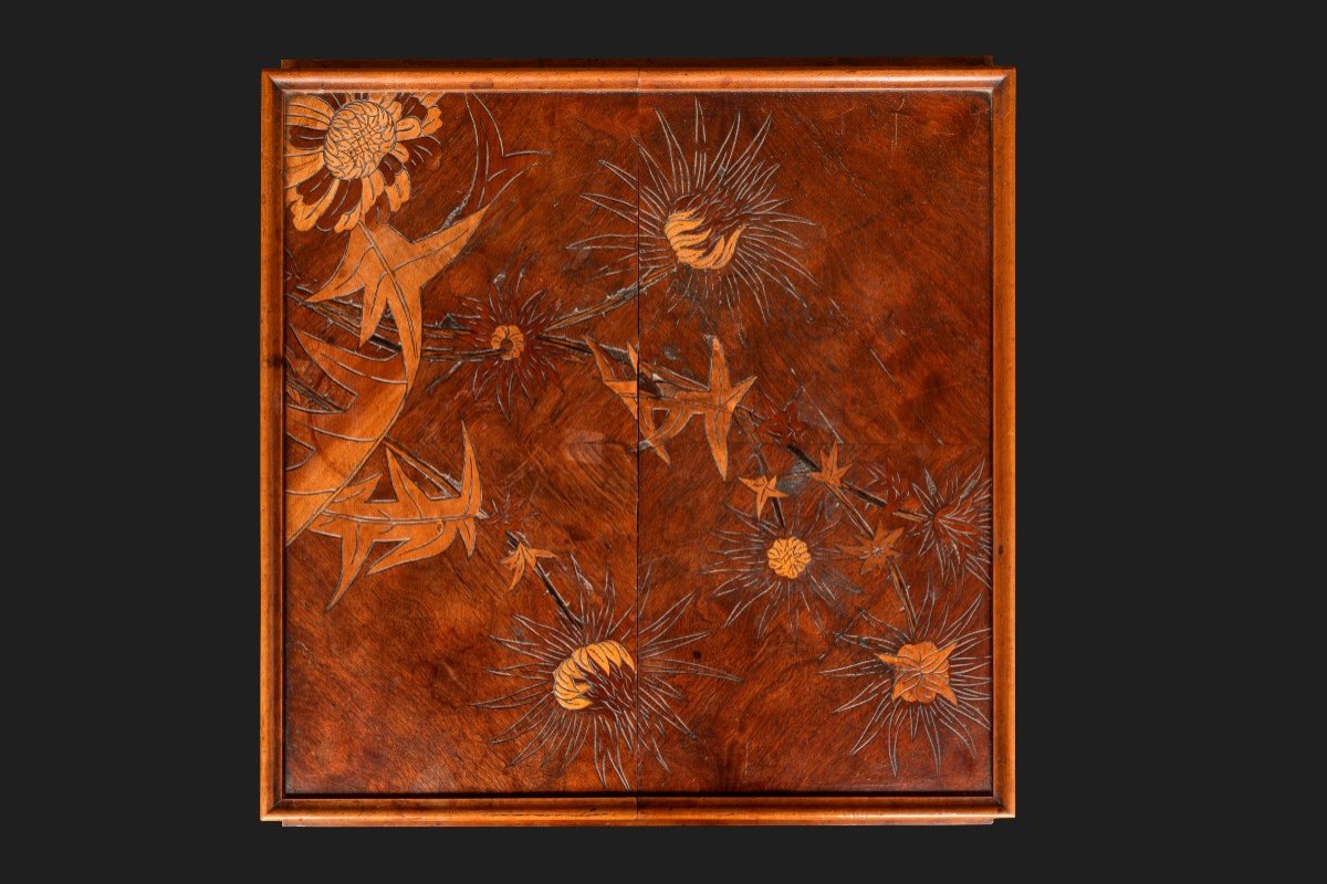 Game Table In Walnut And Veneer Marquetry With Floral Decor Of Thistles Emile Galle-photo-4