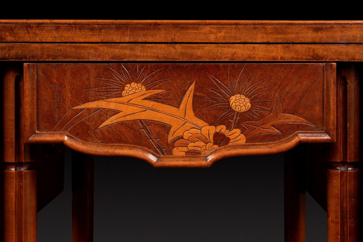 Game Table In Walnut And Veneer Marquetry With Floral Decor Of Thistles Emile Galle-photo-5