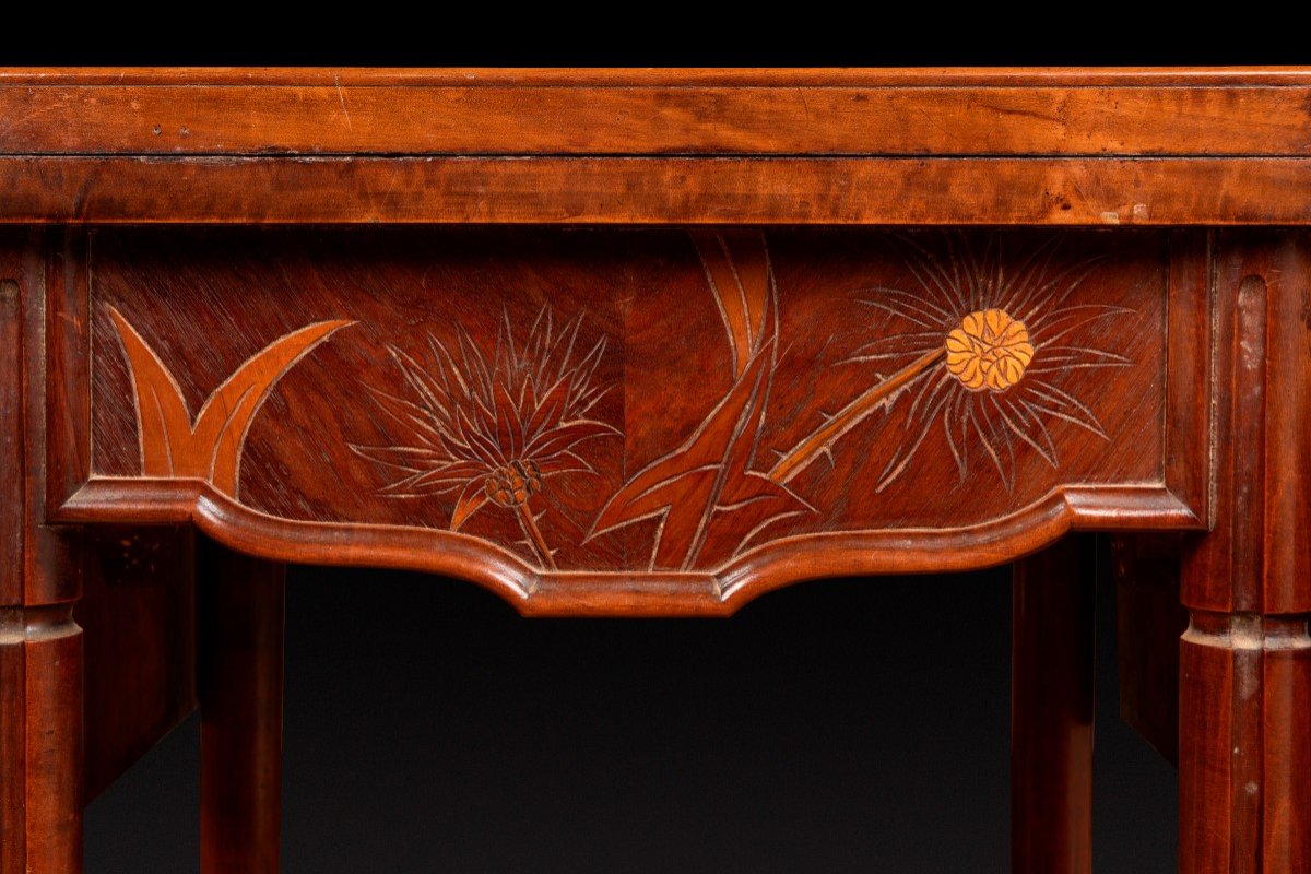 Game Table In Walnut And Veneer Marquetry With Floral Decor Of Thistles Emile Galle-photo-6