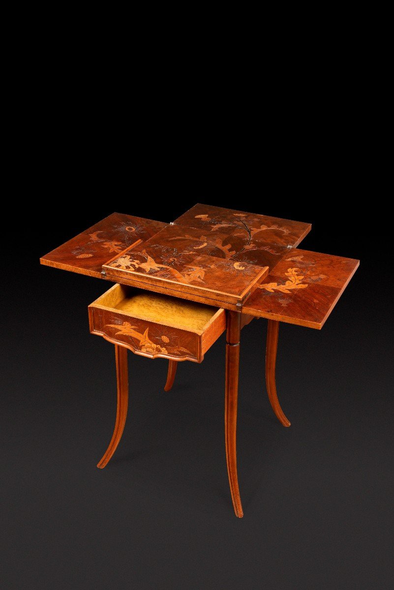 Game Table In Walnut And Veneer Marquetry With Floral Decor Of Thistles Emile Galle