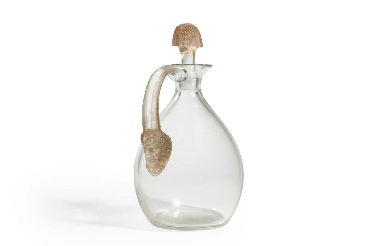 René Lalique - Carafe « Satyre » (1923) Verre Blanc Patiné Sépia Pour Cusenier