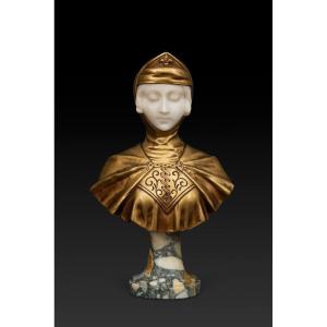 Bust In Alabaster And Gilt Bronze “joan Of Arc” (early 20th Century) Gustave Van Vaerenbergh