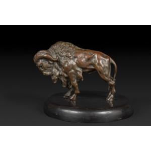 "Bison", Statue Animalière En Bronze 