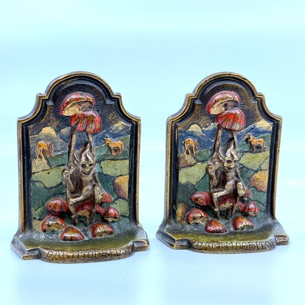 Pair Of Dartmoor Pixie Bronze Bookends, 19th Century