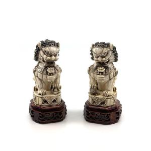 A Pair Of Chinese Carved Ivory Temple Foo Dogs, 19th - 20th Century