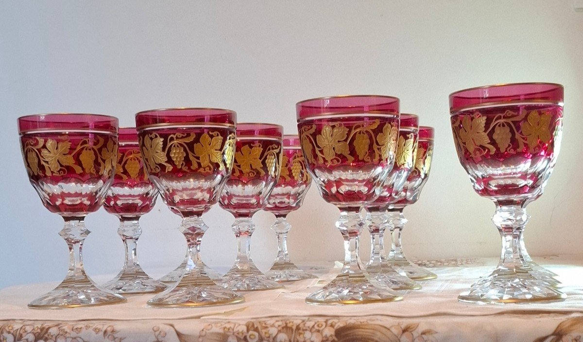 Val St Lambert , 12 Verres  à Eau , Modèle Pampre d'Or