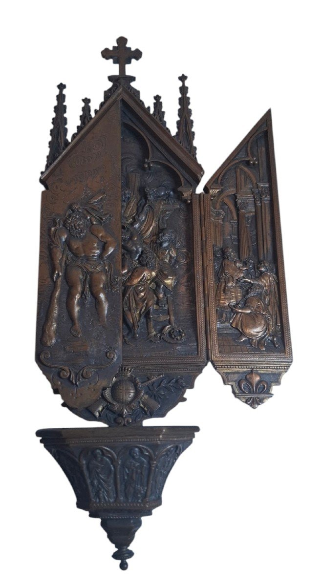 Bronze Holy Water Stoup Triptych -photo-2